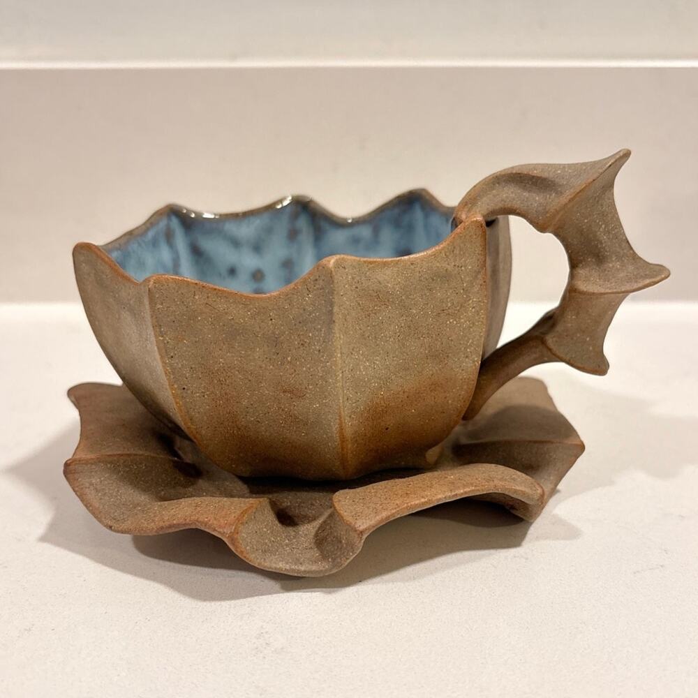 Rare Barbara Walsh Pottery Tea Cup & Saucer -Blue Glaze Organic Sculptural Mug